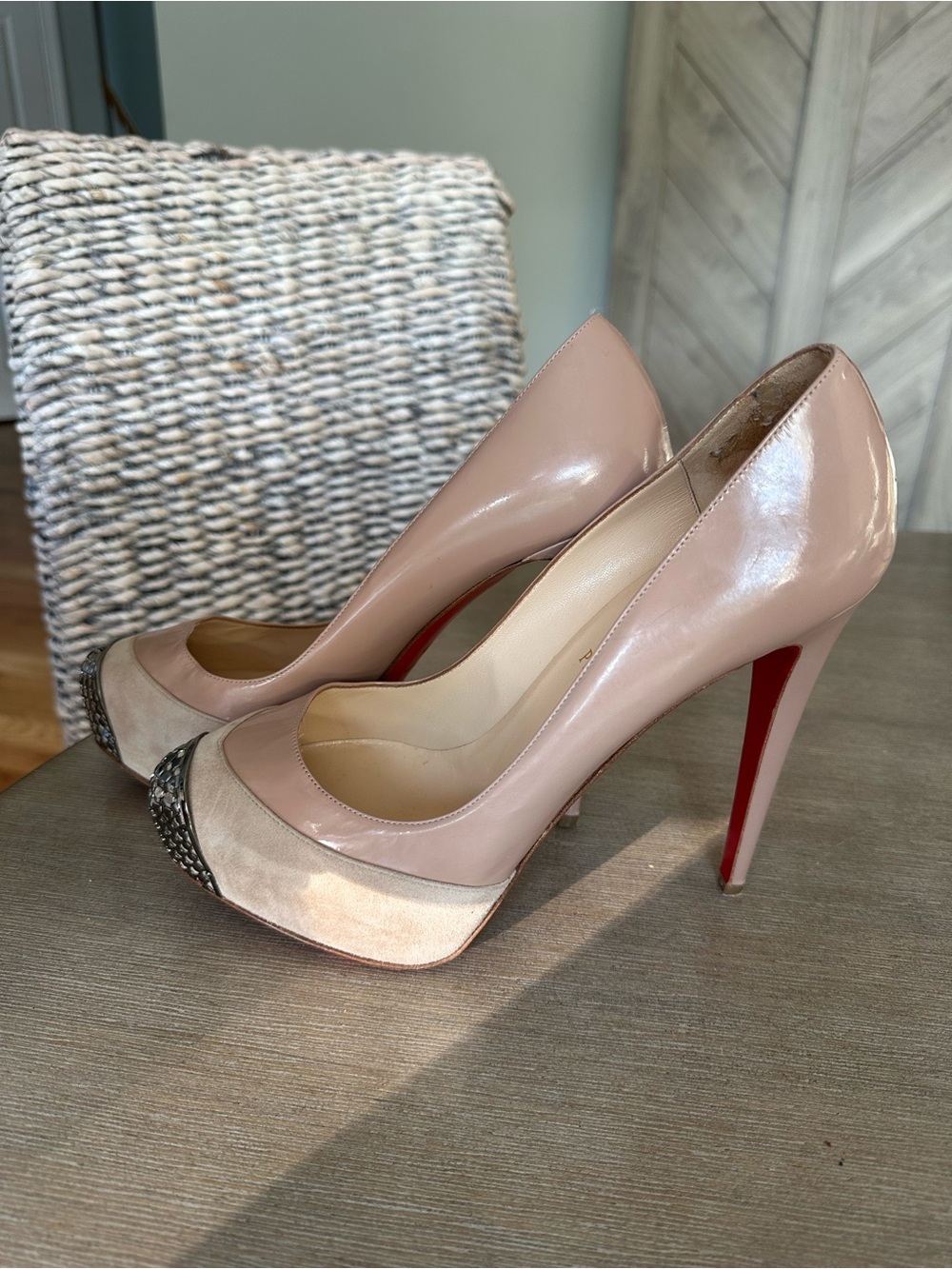 Christian Louboutin taupe and silver Pointed Toe Embellished Cap Stilettos 41.5